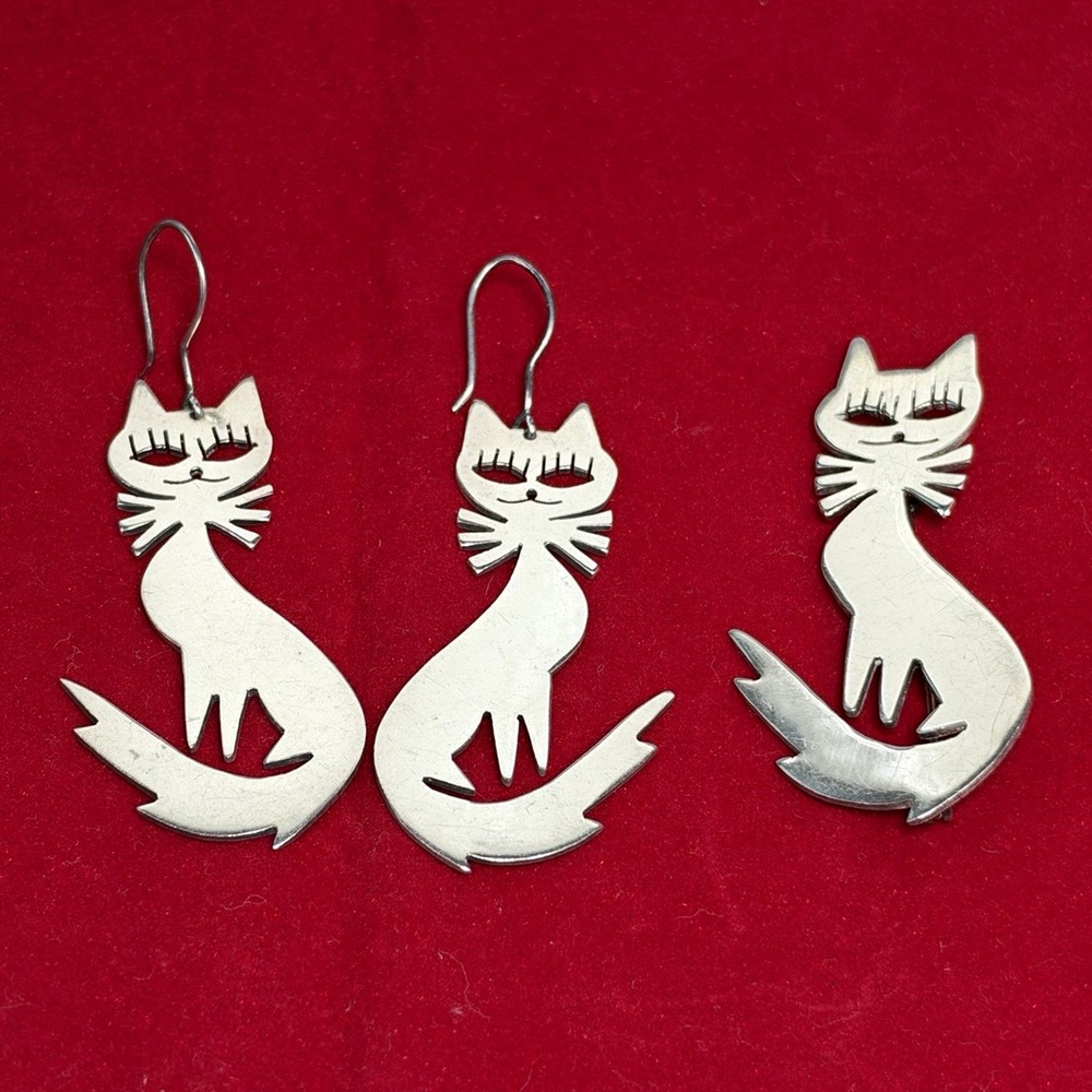 925 Sterling Mexico 2.5 in Tall Cat Earrings & Pendant/Pin with 18 in Chain